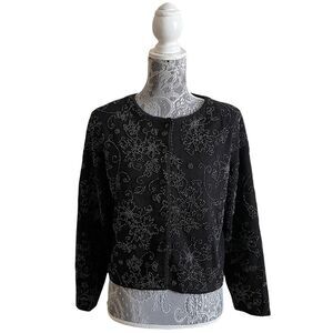 Vintage 90s Michael Simon NY Beaded Floral Button Front Sweater Black Si…